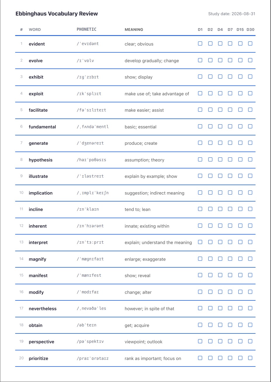 Full vocabulary sheet with word, phonetic, and meaning columns